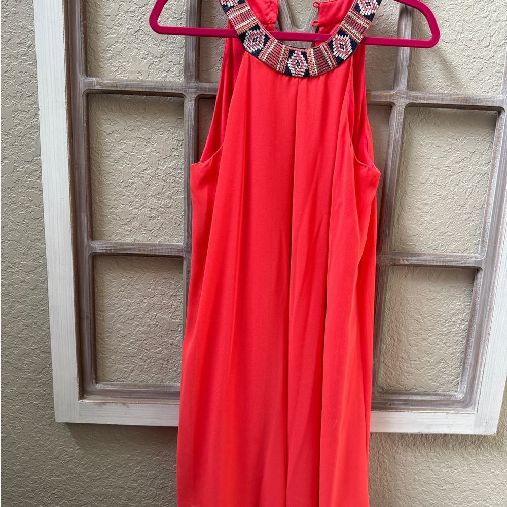 Stylish Coral Kids Dress with Beaded Neckline